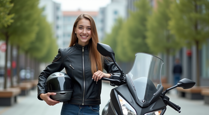 Jeune femme souriante avec moto 125cc en ville