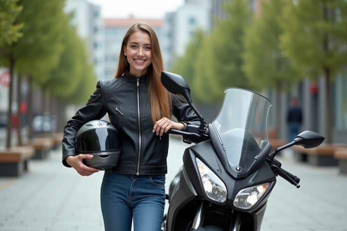 Jeune femme souriante avec moto 125cc en ville