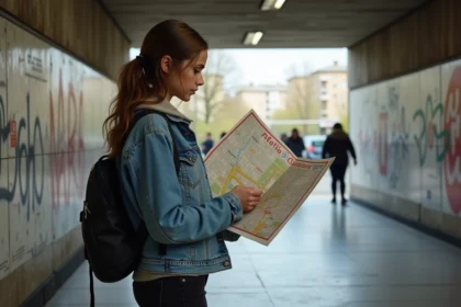 Jeune femme avec carte de Paris devant station metro