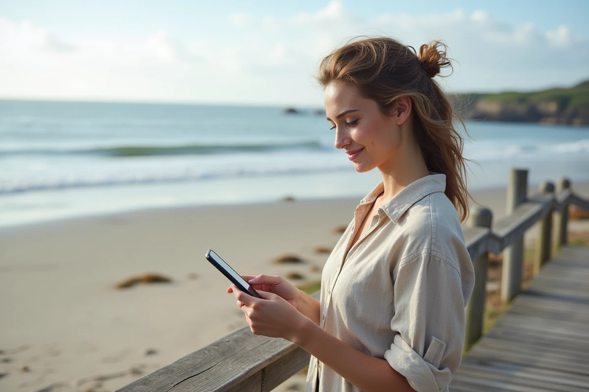 Jeune femme regardant une application de marée à Hendaye