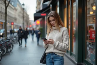 Jeune femme regardant son smartphone en ville