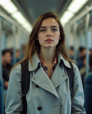 Jeune femme en trench dans un train RER bondé