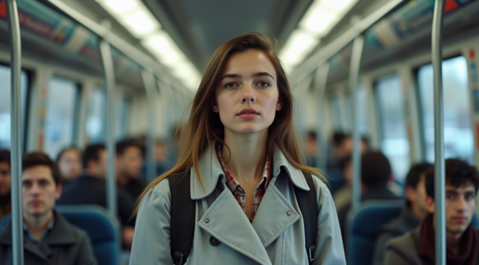 Jeune femme en trench dans un train RER bondé