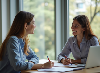 Les stages en BTS économie sociale et familiale: quelle valeur ajoutée pour son profil ? Jeune femme et assistante sociale discutant en bureau lumineux