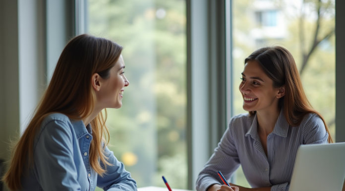 Jeune femme et assistante sociale discutant en bureau lumineux