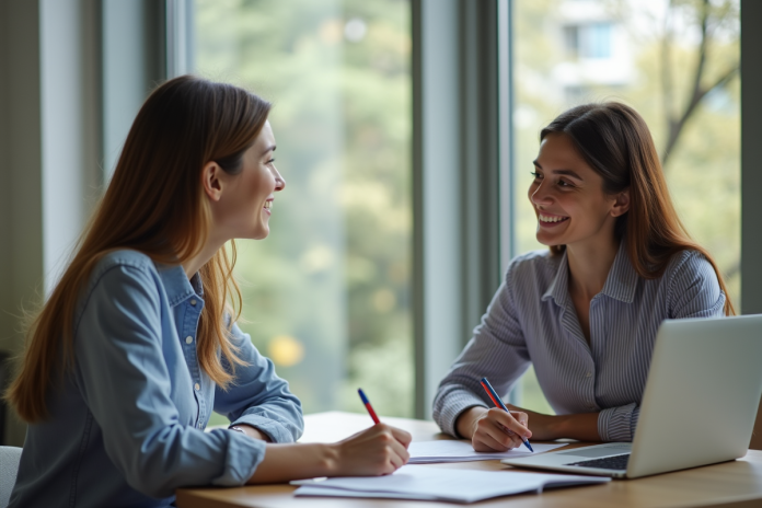 Jeune femme et assistante sociale discutant en bureau lumineux