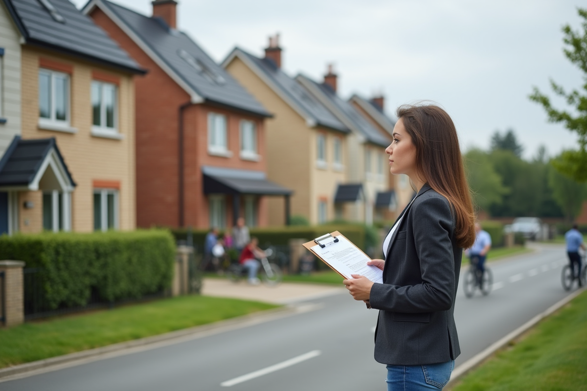 Jeune femme observant un quartier résidentiel en extérieur