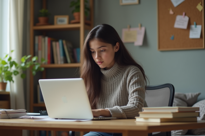 Jeune fille concentrée devant son ordinateur à la maison