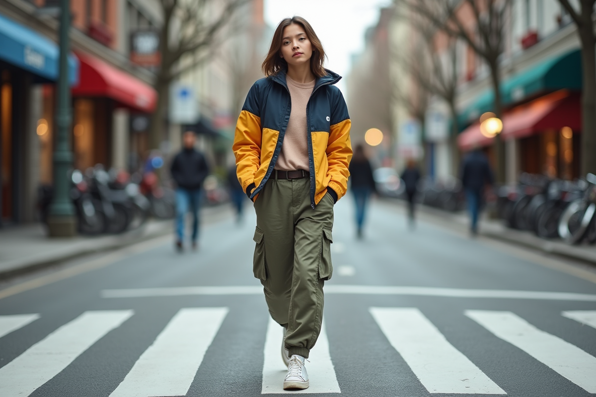 Jeune fille en tenue décontractée traversant la rue urbaine
