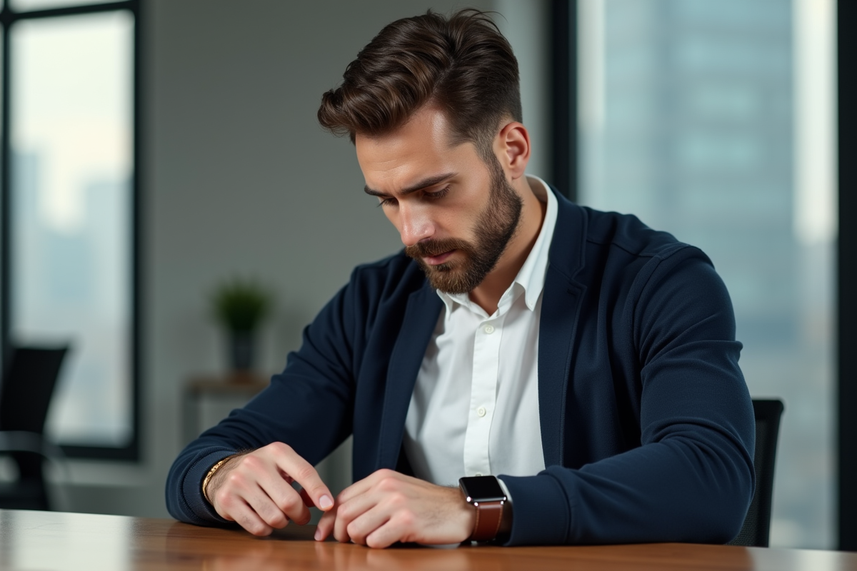Jeune homme portant une montre en cuir dans un espace de travail