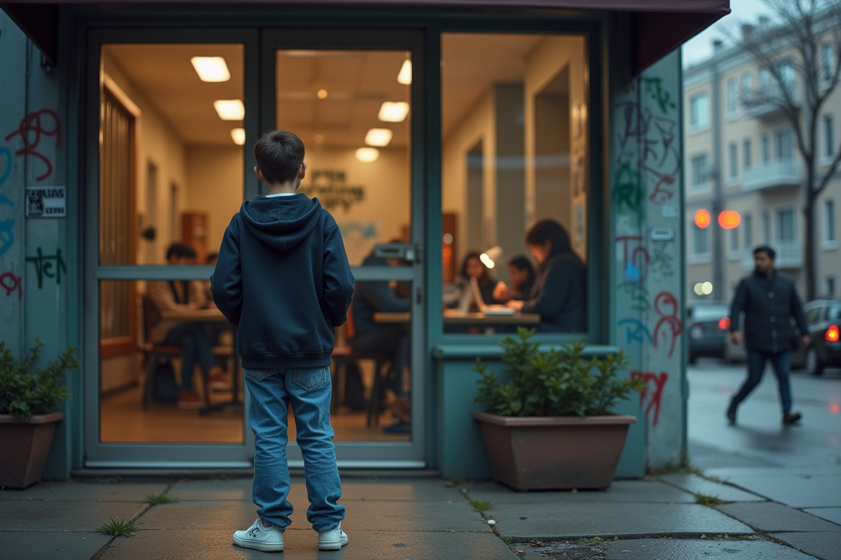 Jeune homme devant une bibliothèque urbaine en extérieur