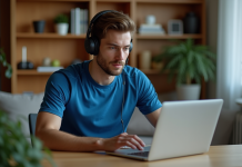 Forums de musculation : comment choisir le plus adapté à vos objectifs Jeune homme en t-shirt bleu et écouteurs au bureau