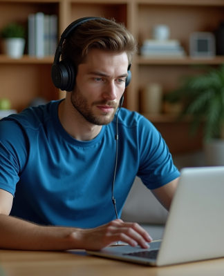 Jeune homme en t-shirt bleu et écouteurs au bureau