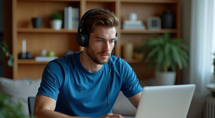 Jeune homme en t-shirt bleu et écouteurs au bureau
