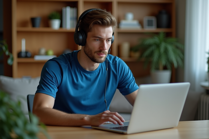 jeune-homme-bureau-inspiration Jeune homme en t-shirt bleu et écouteurs au bureau