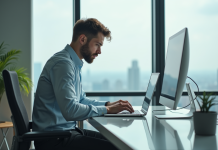 Croissance : impact de l’inégalité sur l’économie mondiale Jeune homme d'affaires concentré devant son ordinateur dans un bureau moderne