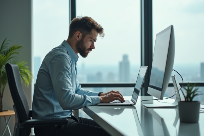 Jeune homme d'affaires concentré devant son ordinateur dans un bureau moderne