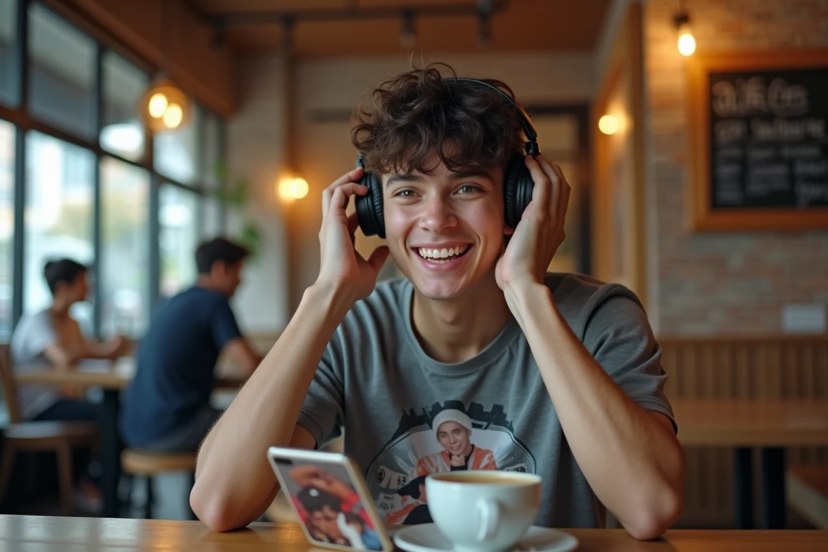 Jeune homme dans un café regardant un clip vidéo de groupe K-pop coréen sur son smartphone avec des écouteurs