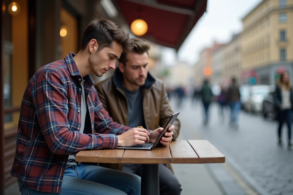 Jeune homme examinant un jeu de mots sur une tablette en extérieur