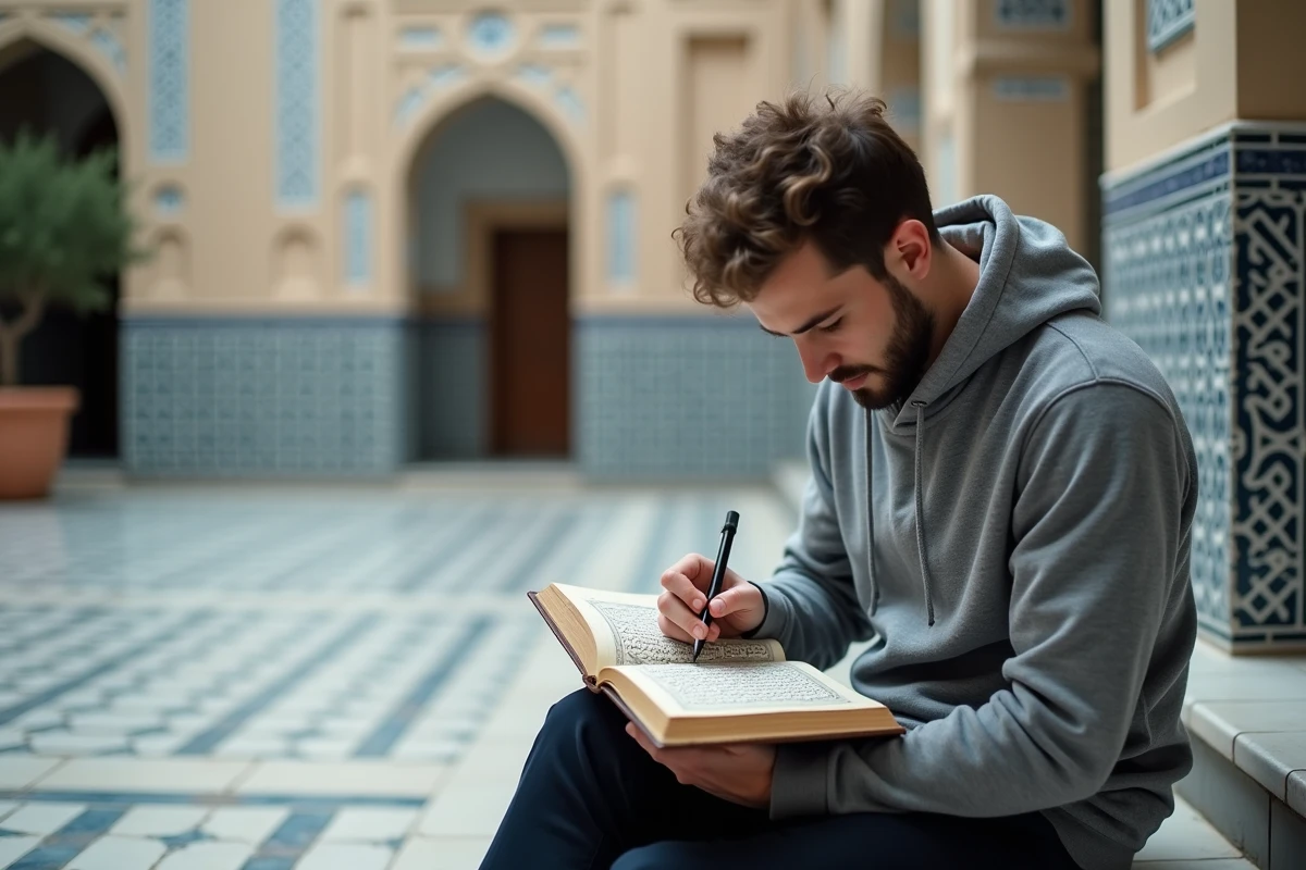 Jeune homme lisant le Coran sur les marches d'une cour de mosquée carrelée, découvrant les sourates par leur numérotation