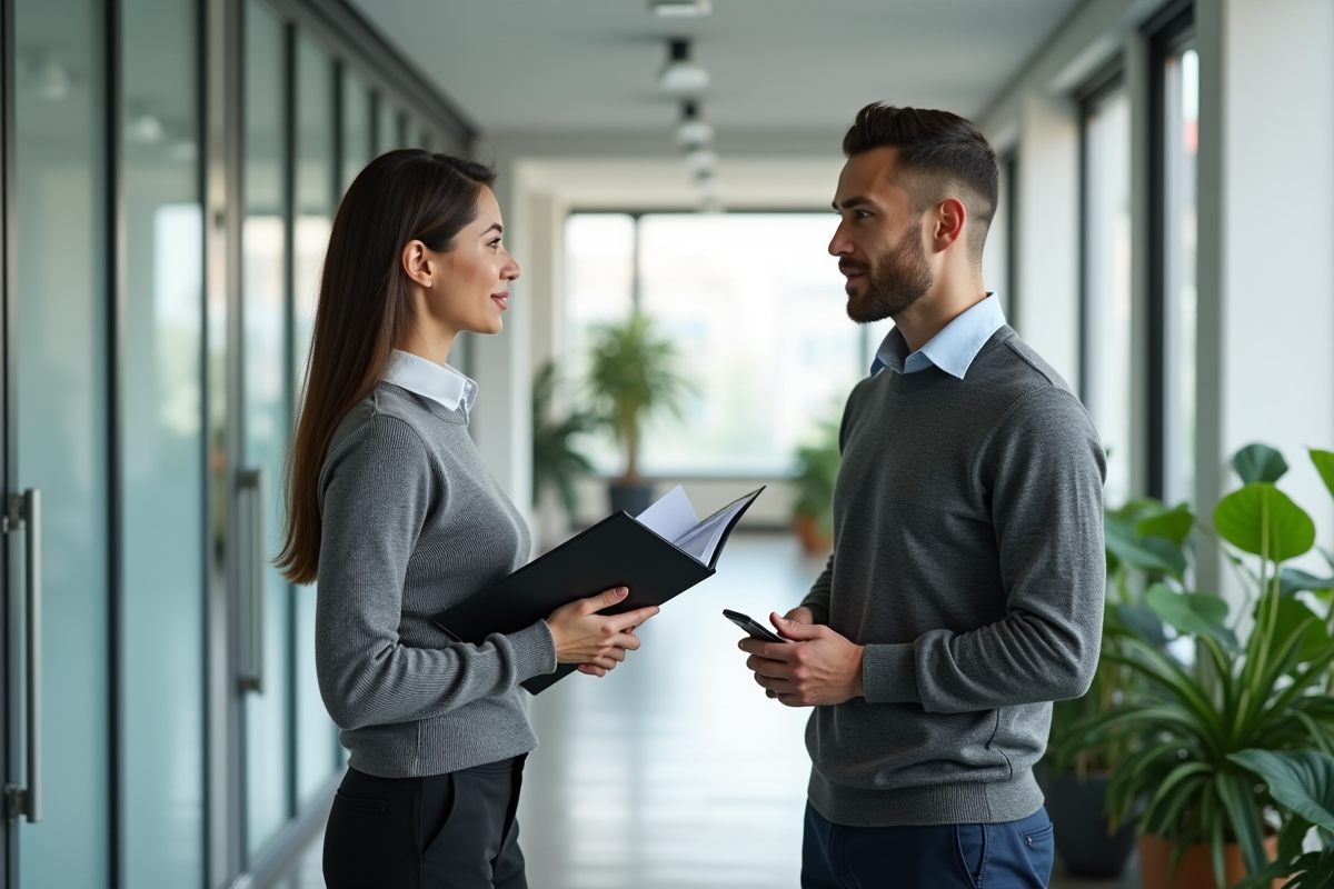 Jeune professionnel en conversation dans un couloir lumineux