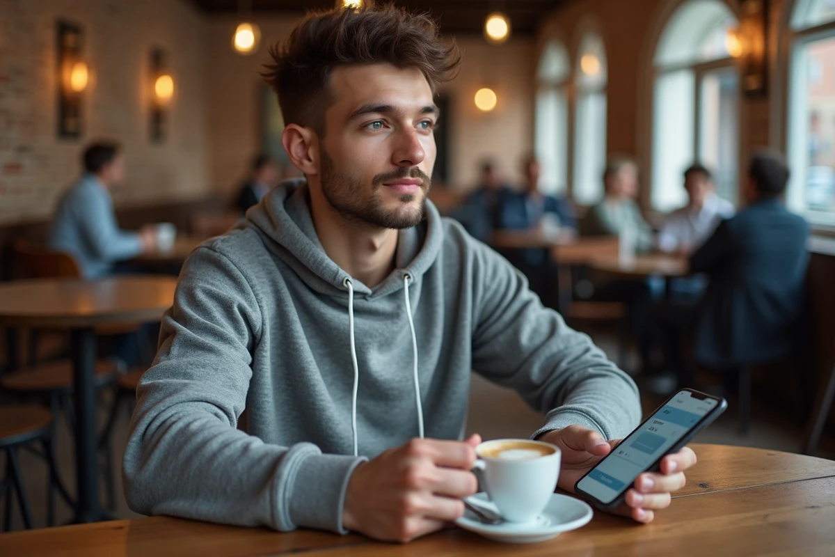 Jeune homme consultant son forfait mobile prépayé sur smartphone dans un café parisien