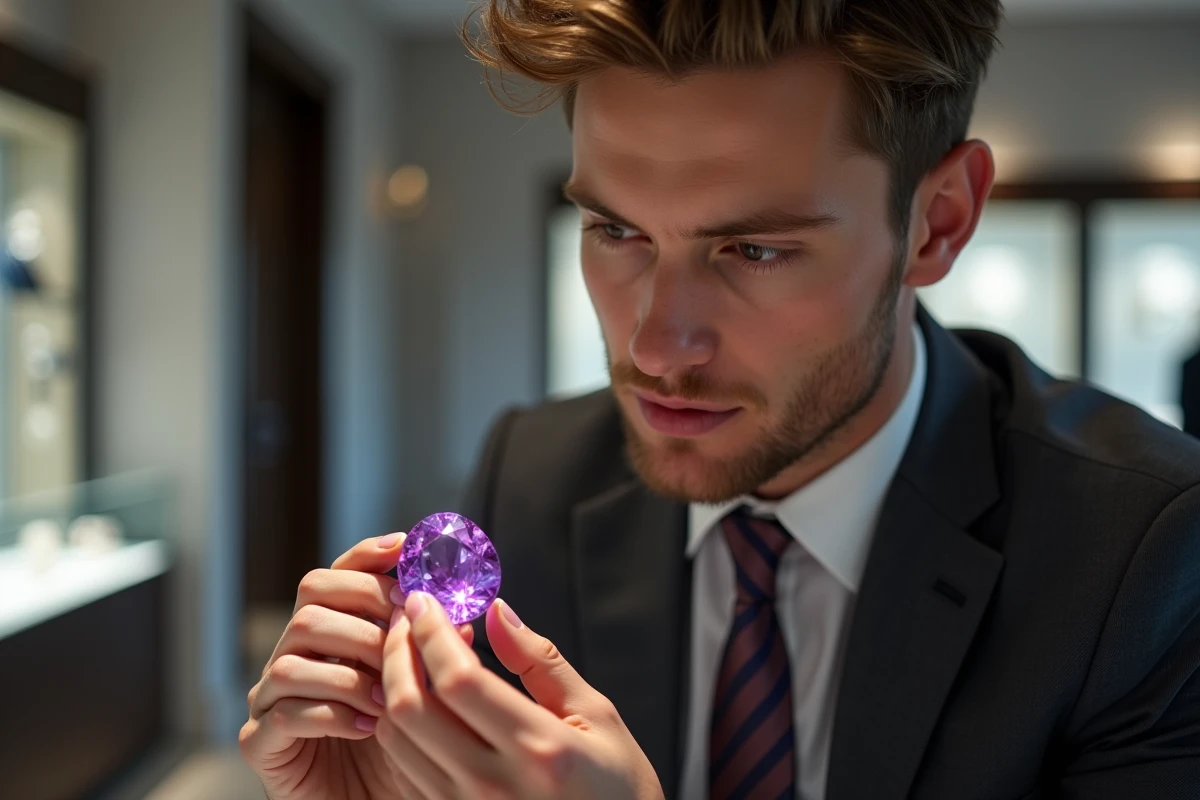 Jeune homme examinant une pierre violette avec une loupe