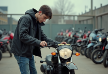 Jeune homme inspectant une moto cross 50cc en concession