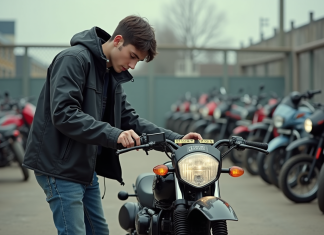 Guide ultime pour choisir votre croix homologuée 50 Jeune homme inspectant une moto cross 50cc en concession