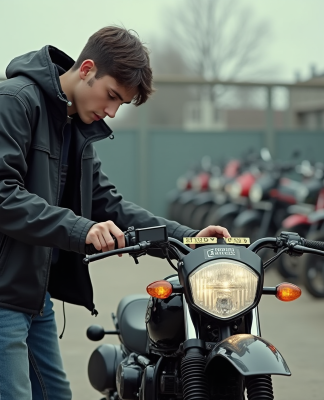 Jeune homme inspectant une moto cross 50cc en concession