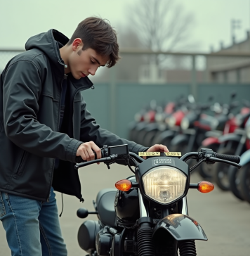 Jeune homme inspectant une moto cross 50cc en concession