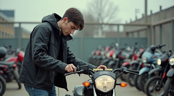 Jeune homme inspectant une moto cross 50cc en concession