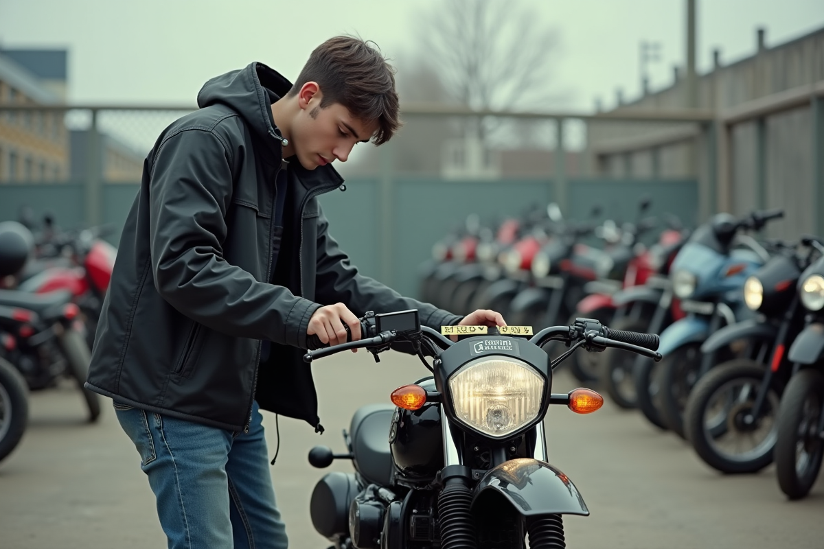 Jeune homme inspectant une moto cross 50cc en concession