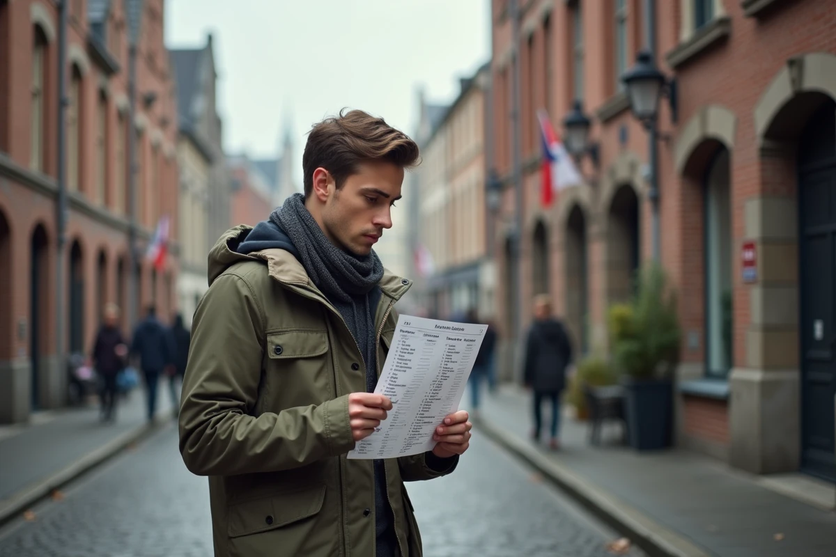 Jeune homme vérifie une liste de villes belges dans la rue