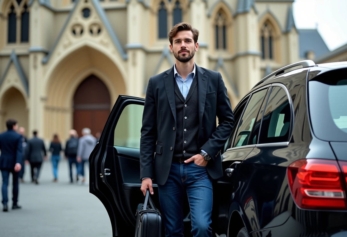 Jeune homme sortant d’un taxi devant la cathédrale de Bordeaux