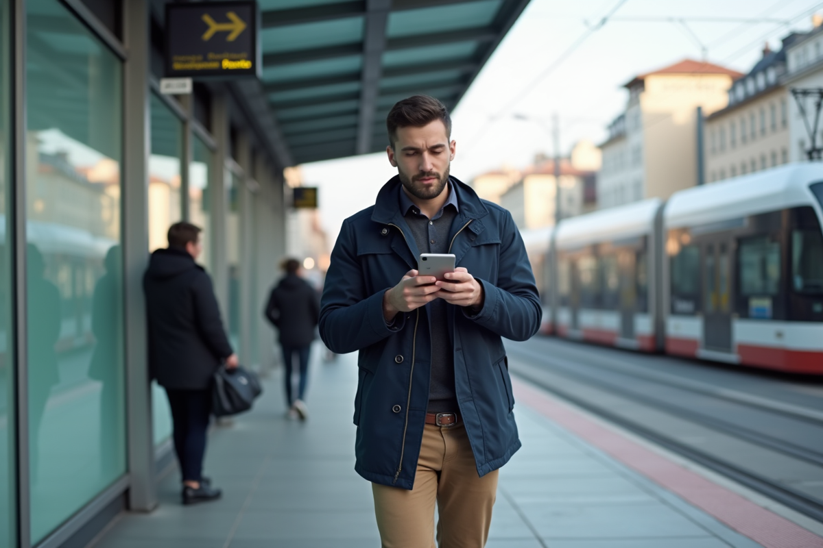 Jeune homme regardant son smartphone à la station tram