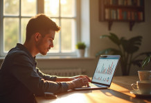 Jeune professionnel travaillant sur un tableau financier le matin