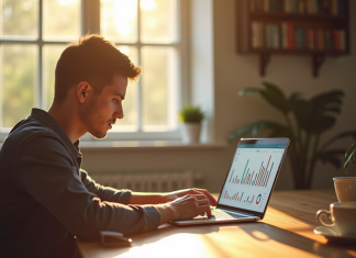 Jeune professionnel travaillant sur un tableau financier le matin