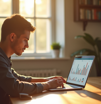 Jeune professionnel travaillant sur un tableau financier le matin