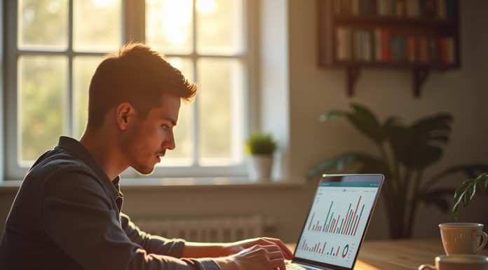Jeune professionnel travaillant sur un tableau financier le matin