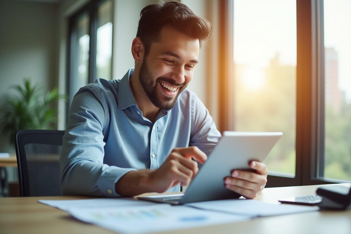 Jeune professionnel regardant un document financier sur une tablette