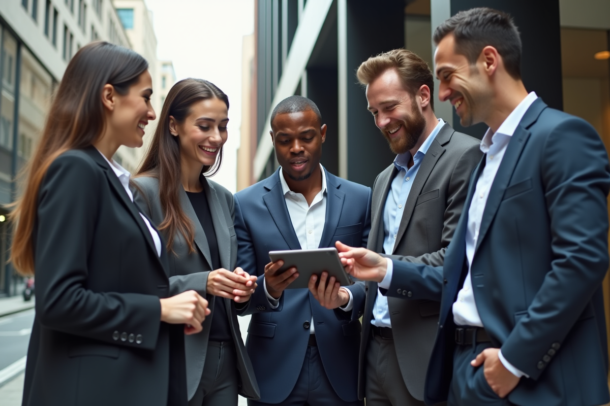 Groupe de jeunes professionnels discutant devant un bâtiment moderne