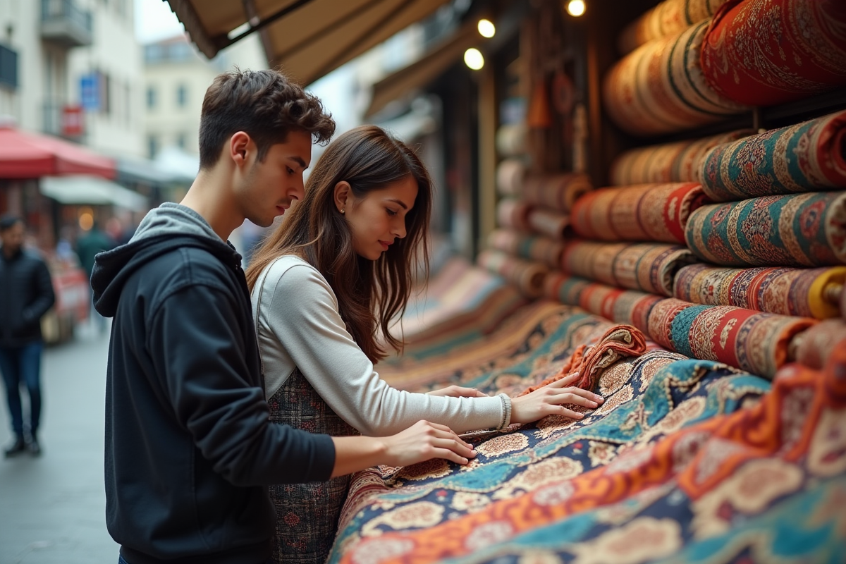 Jeune homme et femme observant des rouleaux de tissus en marché