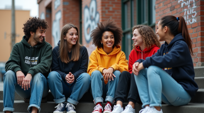 Groupe de jeunes adultes en streetwear dans la ville