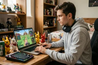 Joueur de Minecraft concentré sur l'optimisation d'un mod Pokémon PvP sur son ordinateur portable dans une chambre de gamer