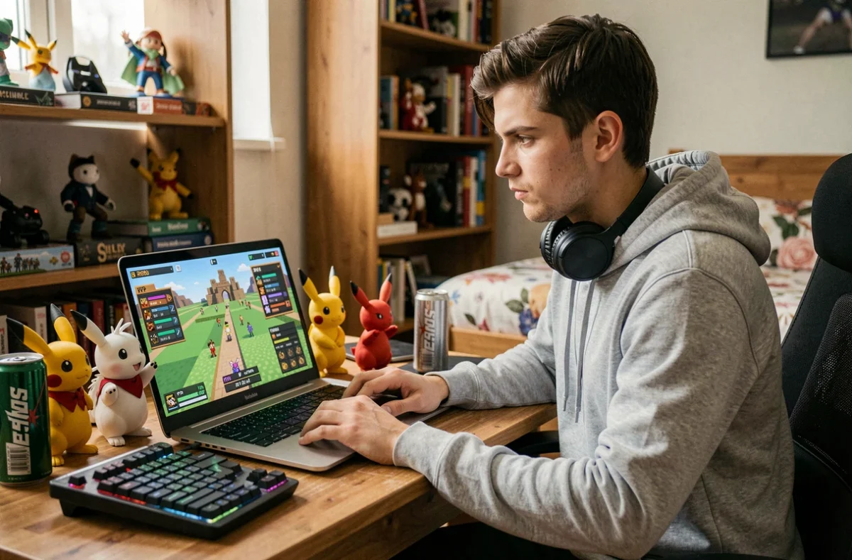 Joueur de Minecraft concentré sur l'optimisation d'un mod Pokémon PvP sur son ordinateur portable dans une chambre de gamer