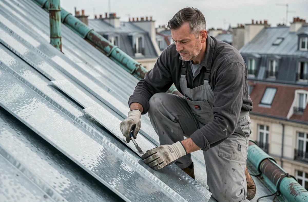 Artisan zingueur de KCZ Kuster façonnant une feuille de zinc sur un toit bordelais