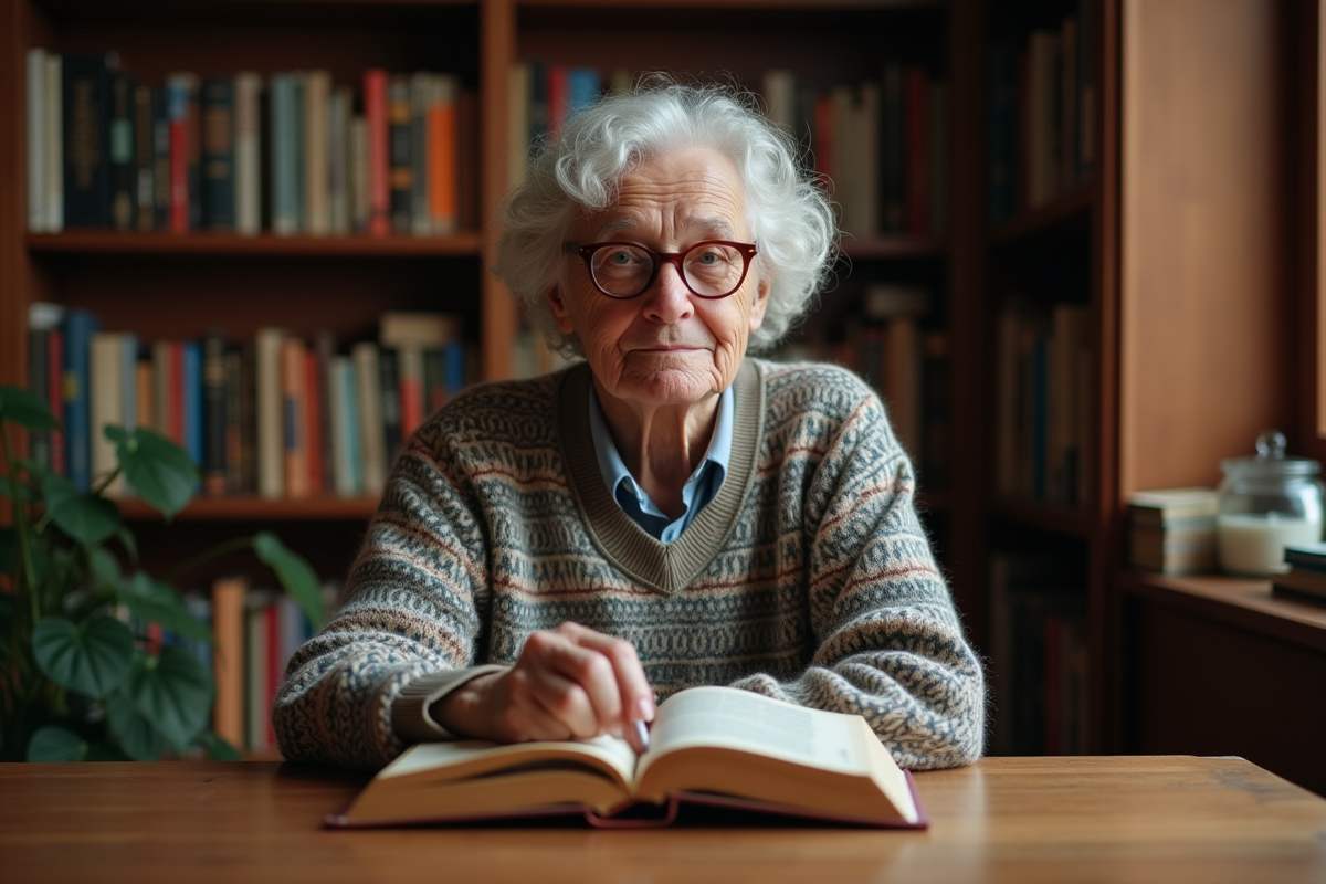 Personne nonbinaire lisant dans une bibliothèque chaleureuse