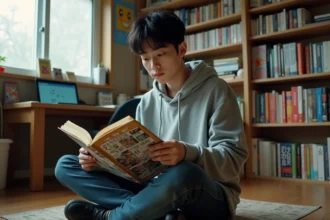 Jeune homme lisant un volume de manga One Punch Man dans une chambre remplie de mangas et de posters d'anime