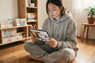 Jeune femme lisant des mangas en ligne sur une tablette dans sa chambre confortable avec des étagères de mangas en arrière-plan